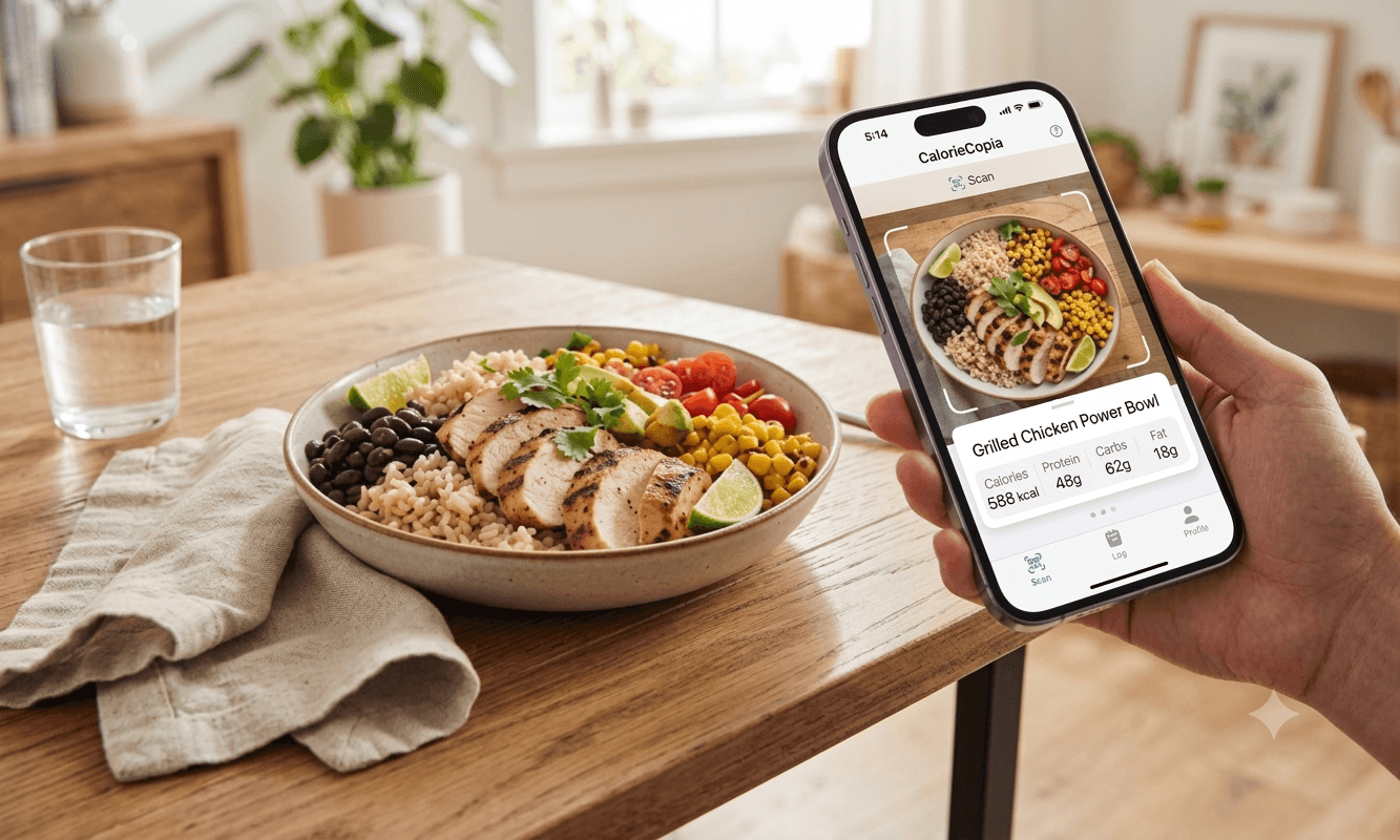 Person holding phone scanning a fresh nutrition bowl with CalorieCopia AI