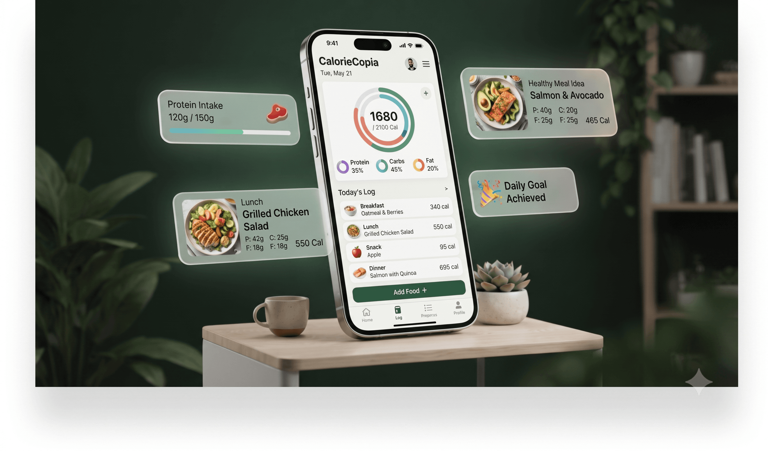 CalorieCopia 3D Phone and Floating Nutrition Cards